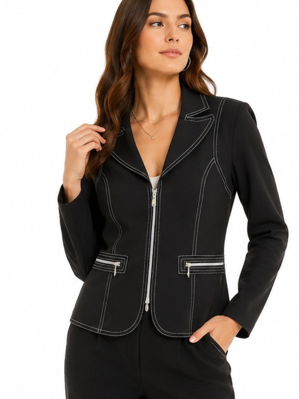 Frank Lyman Design Black Contrast Stitch Zip Blazer Jacket Size 10 Made Canada